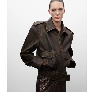 Jen Ceballos x Mango Leather oversized strong shoulder bomber size xs brown